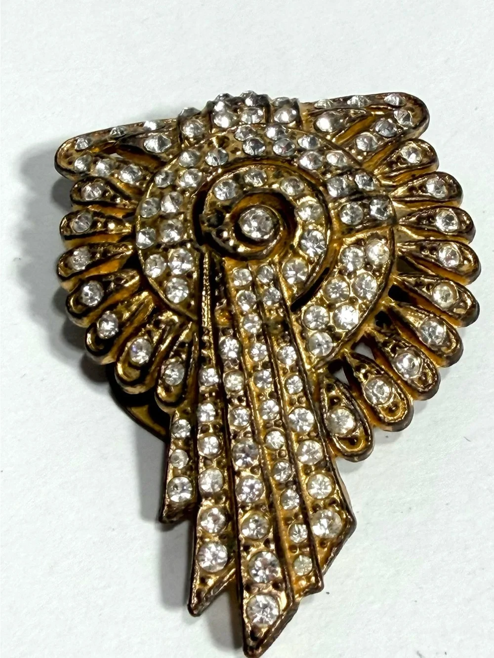 Art Deco Egyptian Revival Dress Clip 1930s Pat 1801128 Rhinestones Gold Tone